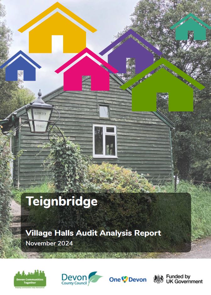 Front page of Teignbridge Village Hall Report showing rural village hall with title and DCT logo