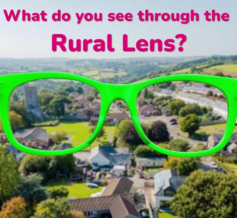 bright green glasses looking out over countryside