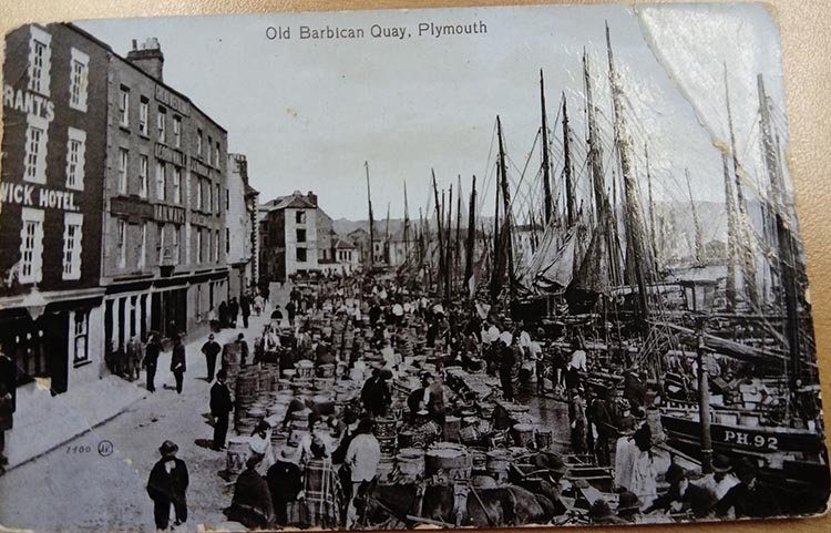 Vintage postcard showing old barbican quay, plymouth