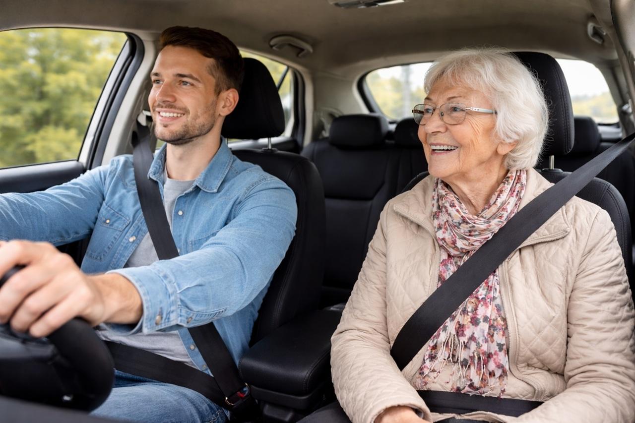 young male driver sitting next to an older female passenger