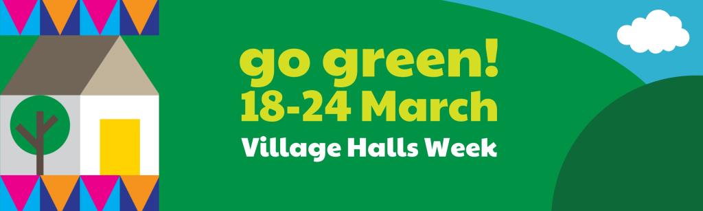 Village halls week - go green, bright and vibrant design of village hall with tree
