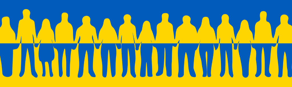 illustration of a row of people in the colours of the Ukraine flag, yellow and blue