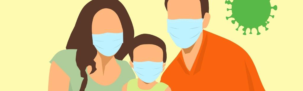 illustration of a mother, father and child wearing masks, with a depiction of a virus on the right hand side