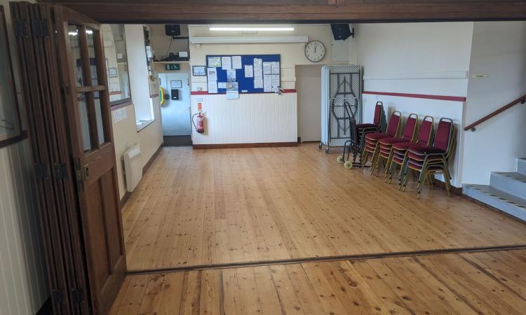 Inside the hall, showing the partition doors