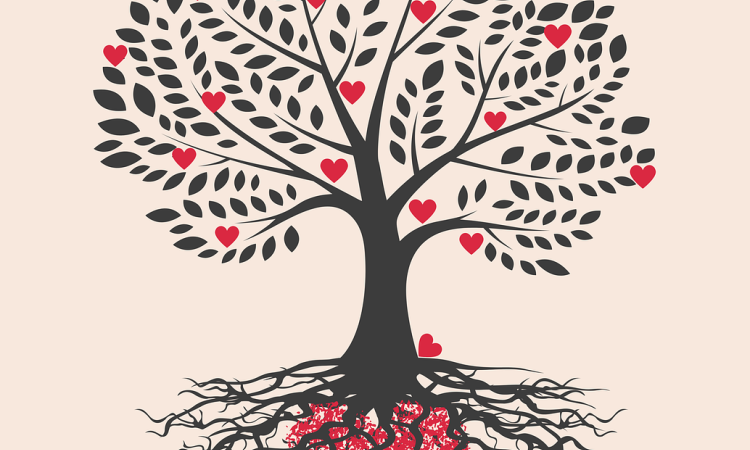 illustration of a tree with roots and a hearts as leaves