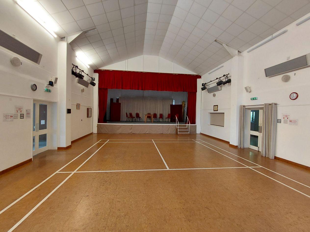 Inside the hall, showing the stage
