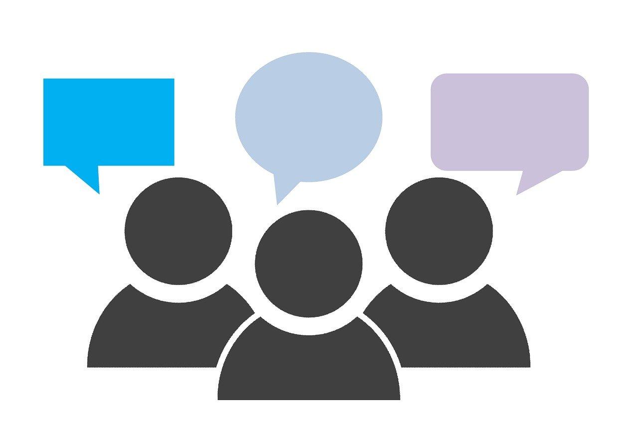 three grey figures with blank speech bubbles, indicating they are all speaking or thinking